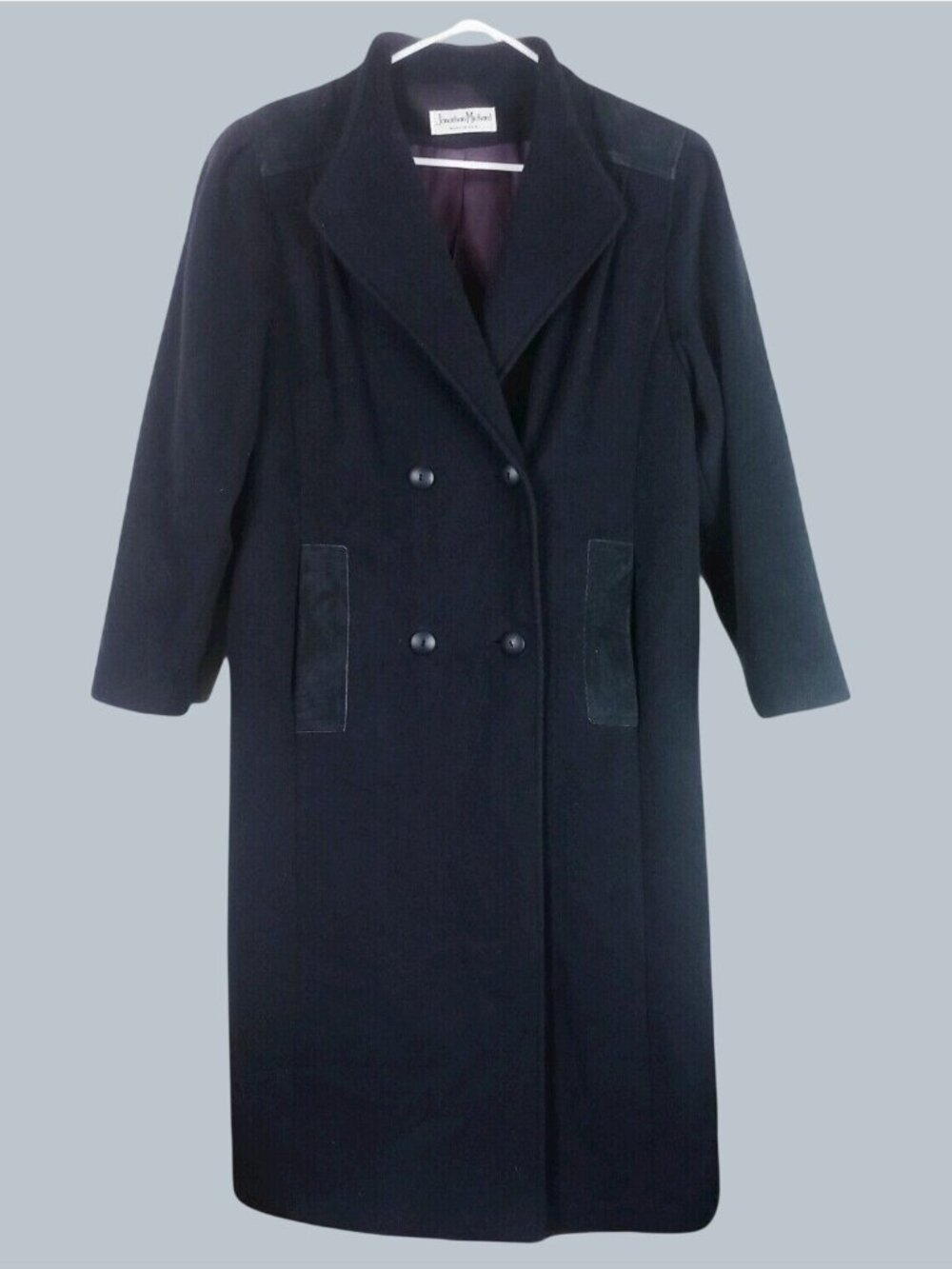 Vintage Jonathan Michael Suede Trim Wool Trench Coat Womens M Black Long 80s